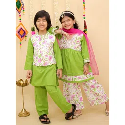 JUNITOS Girls Floral Printed Tiered Thread Work Pure Cotton Kurti with Palazzos & With Dupatta-picture-25