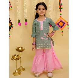 Junitos Pure Cotton Woven Three Fourth Bell Sleeves Floral Printed Gota Lace Embellished Kurti Sharara Set - Green-image-48