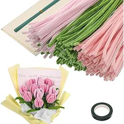 Just Flowers 311 Pc Flower Making Kit, 300 Pipe Cleaners for Crafts with 10 Flower Stem Wire and 1 Floral Tape | 30cm Long Chenille Stems and Green Wire for DIY Bouquet Kit (Green Pink & White Pipe Cleaner)-picture-32