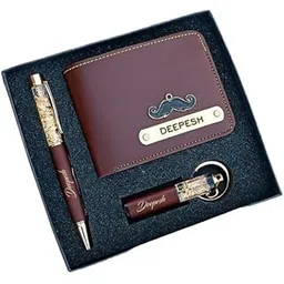 just in trendz Personalized Wallet with Charms Customized Faux Leather (Brown) Wallet, Pen and Keychain Set for Men (3 in 1 Combo) Name Engraved Pocket Purse-picture-32