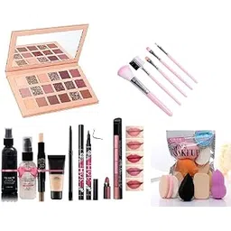 Just Tya | Professional Nude Edition Eyeshadow Palette Makeup Kit Set, 5 Pink Makeup Brushes, Lipstick, Fixer, Primer, Contour, Foundation, 36H Eyeliner, Kajal Pencil and 6 in 1 Makeup Sponges, Complete Beauty Collection (Pack of 19)-picture-13