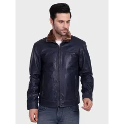 Justanned Blue Solid Leather Jacket-picture-32