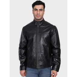 Justanned Men Mandarin Collar Solid Leather Casual Leather Jacket-picture-14