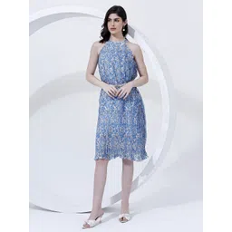 Justin Whyte Floral Printed Pleated Satin Fit & Flare Dress-picture-23