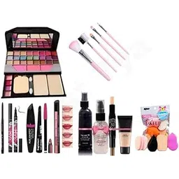 Just Tya | Professional Makeup Kit for Women & Girls - Complete Multicolor 6155 Combo with 5 Pink Makeup Brushes, 5 in 1 Matte Shades Lipstick, Primer, Contour, Foundation, Setting Fixer, 3 in 1 Eye Combo, Kajal, 6 in 1 Multi Shape and Color Beauty Sponges Set - (Pack of 22)-image-4