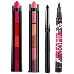 JustTya| Professional Beauty Combo of 5 in 1 Makeup Set 2 Fabulous Matte Shades Lipstick Palettes,(Red + Nude) Edition Lipstick Set, 7.5g Each with Eye Makeup Set 36H Eyeliner and 1 Kajal Pencil - (Pack of 4)-picture-18