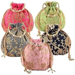 Jute Handbags for women | Embroidered Women Potli Bag | Traditional Indian Goody Bags | Drawstring Bags for Wedding | Pack of 5 | Multicolor-picture-23
