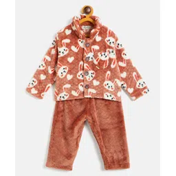 JWAAQ Cotton Knit Full Sleeves Bunny Designed & Fur Detailed Hooded Sweater With Pant Set - Rust-picture-19