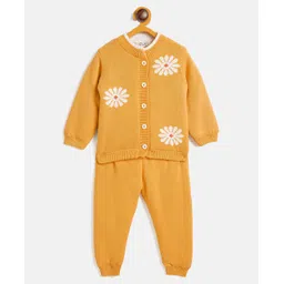 JWAAQ Cotton Knit Full Sleeves Floral Designed & Fur Detailed Sweater With Pant Set - Yellow-picture-32