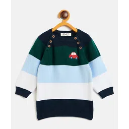 JWAAQ Cotton Knit Full Sleeves Rugby Striped & Car Embroidered Sweater - Blue-picture-14