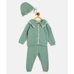 JWAAQ Cotton Knit Full Sleeves Self Designed Sweater & Pant With Cap Set - Green-picture-30