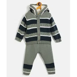 JWAAQ Cotton Knit Full Sleeves Striped & Fur Detailed Coordinating Hooded Sweater With Joggers Set - Navy Blue-picture-39