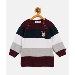 JWAAQ Cotton Knit Full Sleeves Striped & Reindeer Patch Detailed Sweater - Wine-picture-33