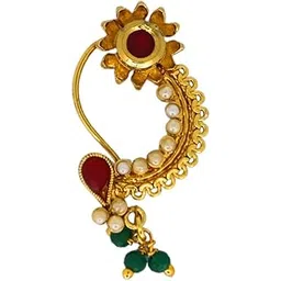 jwella Traditional Maharashtrian Nath for Women | Gold Plated Nose Ring with Red Stones, Pearls & Green Beads | Bridal & Festive Jewelry-picture-13