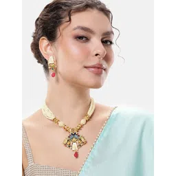 JYONA Gold-Plated Stone-Studded & Pearl Beaded Jewellery Set-picture-34