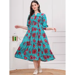 Jyoti Women Turquoise Blue & Red Floral Printed Flared Crepe Midi Dress-picture-41
