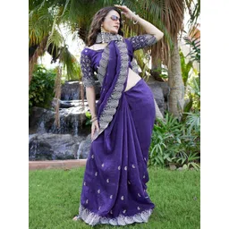 K 5 Fashion Paisley Embroidered Pure Chiffon Saree with Blouse Piece image 5