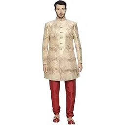 k n g riyaz gangji LIBAS Solid Printed Sherwani Set | Festive Design Embroidered shiny silk | Mandarian Collar | Ethnic Wear Self Design For Men (Beige)-picture-15