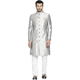 k n g riyaz gangji LIBAS Solid Printed Sherwani Set | Festive Design Embroidered shiny silk | Mandarian Collar | Ethnic Wear Self Design For Men (Grey)-picture-24