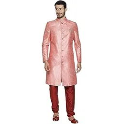 k n g riyaz gangji LIBAS Solid Sherwani Set Festive | Design Embroidered shiny silk | Mandarian Collar | Ethnic Wear Self Design For Men (Pink)-picture-54