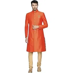 k n g riyaz gangji LIBAS Solid Sherwani Set | Festive Design Embroidered shiny silk | Mandarian Collar | Ethnic Wear Self Design For Men(Orange)-picture-11