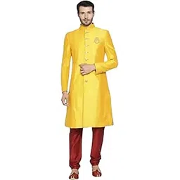 k n g riyaz gangji LIBAS Solid Sherwani Set | Festive Design Embroidered shiny silk | Mandarian Collar | Ethnic Wear Self Design For Men(Yellow)-picture-17