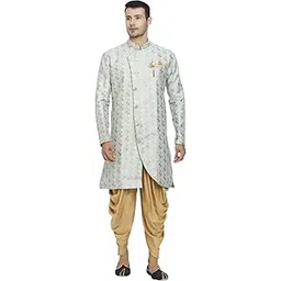 k n g riyaz gangji LIBAS Solid Sherwani Set | Festive Design | Embroidered shiny silk | Banarasi Silk Blend Kurta and Pyjama Set | Mandarian Collar Priented | | Ethnic Wear Self Design For Men (Grey)-picture-55
