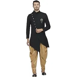 k n g riyaz gangji LIBAS Solid Sherwani Set | Festive Design | Embroidered shiny silk | Collar Ethnic Wear Self Design For Men (Black)-picture-21