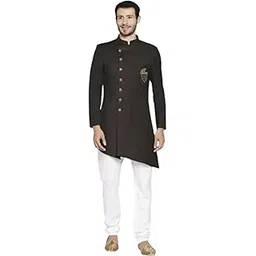 k n g riyaz gangji LIBAS Solid Sherwani Set | Festive Design | Embroidered shiny silk | Mandarian Ethnic Wear Self Design For Men Collar (Black)-picture-40