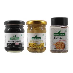 K3 Masala Green Piece Black Olives(120Gm),Green Olives(120Gm),Pizza Spice Mix Seasoning(50G)(Pack Of 3)(290 G) image 1