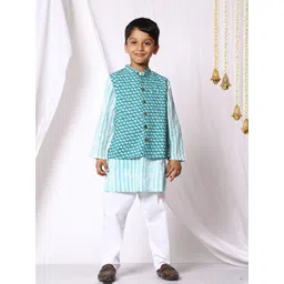 Ka-mee Boys Blue Floral Printed Pure Cotton Kurta with Trousers-picture-12