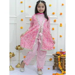 Ka-mee Girls Ethnic Motifs Printed Angrakha Gotta Patti Pure Cotton Kurta with Trousers & With Dupatta-picture-28