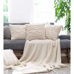 kaahira Off White Cotton Woven 16x16 inches Macrame Handmade Cushion Cover-picture-14