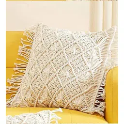 kaahira Off White Cotton Woven 16x16 inches Macrame Handmade Cushion Cover-picture-15