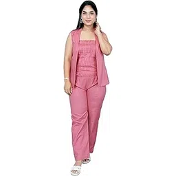 kaajal by vidhi Women's Solid Pink Cotton-Linen 3pc: Pleated Tube Top, Vest and Trouser Coord Set (XXXL)-picture-21
