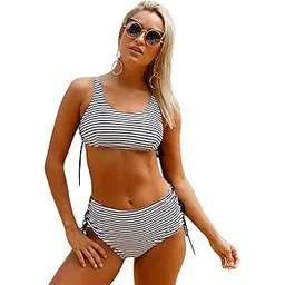 kaali peeli Striped Two-Piece Swimsuit, High-Waisted Bottom with Side Tie, Black and White Pattern, Sports Style Crop Top-picture-20