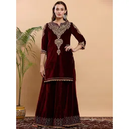KAANCHIE NANGGIA Women Maroon Ethnic Motifs Embroidered Kurta with Skirt-picture-10