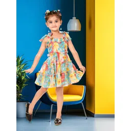 KAARIGARI Girls Floral Print Gathered or Pleated Georgette Fit & Flare Midi Dress-picture-17