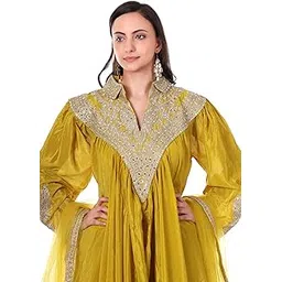 kadhai कला Designer Lemon Yellow Chinon Silk Kaftan Dhoti Set, 3 Piece Ensemble with Mirror Work, Zari Embroidered V-Neck, Free Size-picture-34