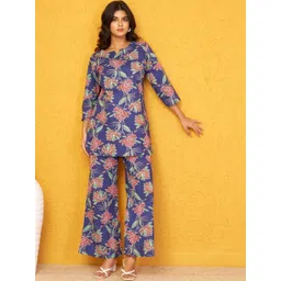 Kaftanize Floral Leaf Printed Tunic with Palazzos Co-Ords-image-1