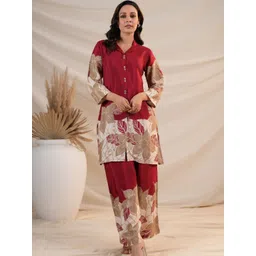 Kaftanize Floral Placement Printed Button Front Top With Trousers Co-Ords-image-34