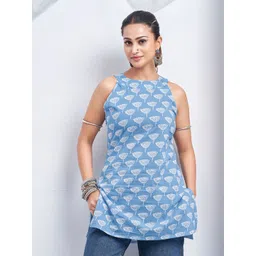 Kaftanize Floral Printed Halter Neck Sleeveless Backless Pure Cotton Short Kurti-image-21
