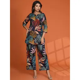 Kaftanize Floral Printed Notch Neck Tunic With Trousers-image-11