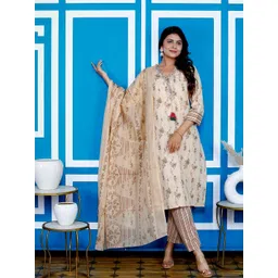 Kaftanize Floral Printed V-Neck thread Work Kurta With Trousers & Dupatta-image-33
