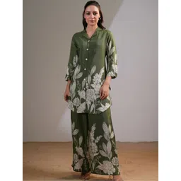 Kaftanize Olive Green Floral Printed Tunic With Trousers-image-13