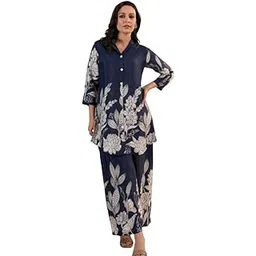 Royal Blue Floral Printed Russian Silk Co-Ord Set with Shell Button Embellishments-image-46