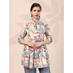 Kahara Women Geometric Printed Gathered Tie-Up Neck Puff Sleeve Cinched Waist Top-picture-15