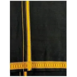KAKUMANU Men's Pure Black Cotton Lungi (2 Meters) Free Size Thin Gold Boarder (Pack of 1)-picture-11