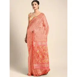 Kalakari India Coral & Gold Cotton Silk Zari Work Saree With Unstitched Blouse-picture-34