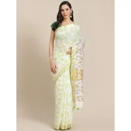Kalakari India Off-White & Green Linen Printed Saree With Unstitched Blouse-picture-46